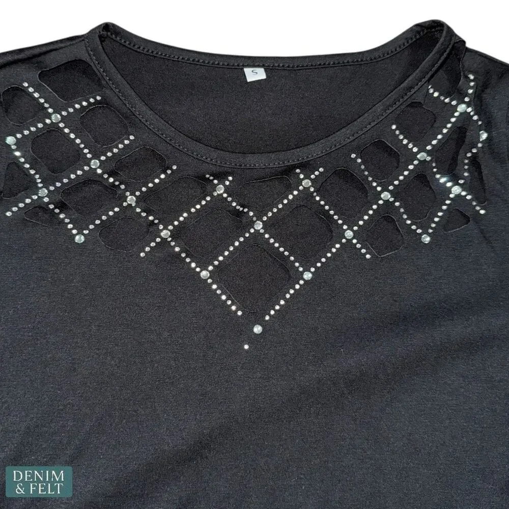 NEW Black Lattice Cutout Long Sleeve Top Edgy Chic Stretchy Crisscross Small - Picture 8 of 13